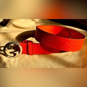 Gucci Embossed GG Leather Belt – Orange | Silver GG Buckle